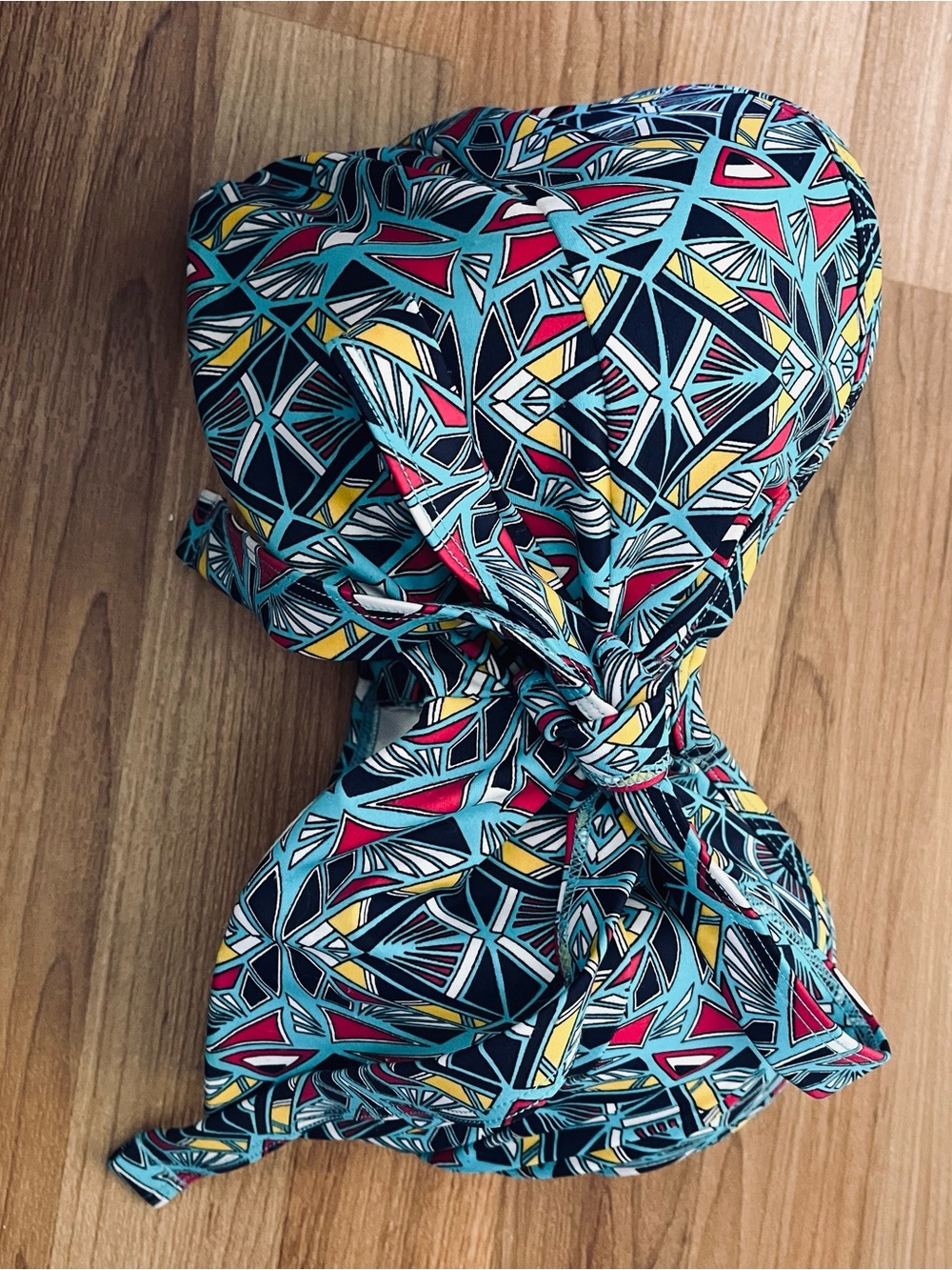Geometric Print Strapless Bikini Top - Turquoise, Navy & Red